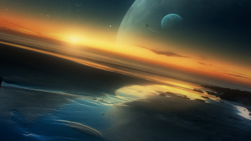 Картинка 3д графика atmosphere mood атмосфера настроения море камни планета закат
