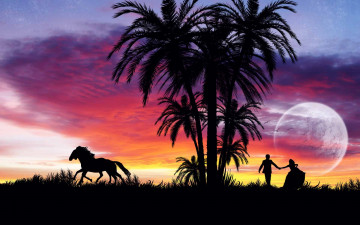 Картинка 3д графика atmosphere mood атмосфера настроения пальмы планета силуэты