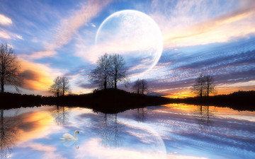 Картинка 3д графика atmosphere mood атмосфера настроения лебедь озеро планета облака деревья