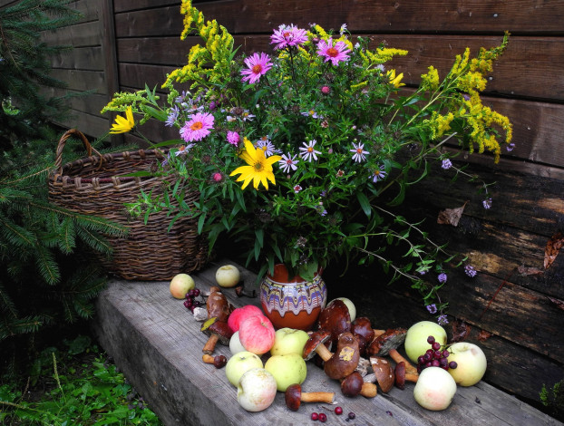 Обои картинки фото еда, натюрморт, грибы, яблоки, букет