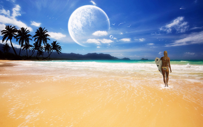 Обои картинки фото 3д, графика, atmosphere, mood, атмосфера, настроения, доска, девушка, облака, планеты, пальмы, пляж, океан