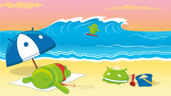 Обои картинки фото компьютеры, android, песок, пляж, море, логотип, фон, волна