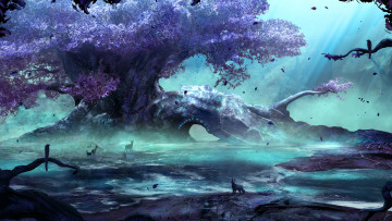 Картинка фэнтези существа дерево арка руны животные