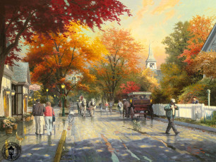 Картинка autumn on mackinac island рисованные thomas kinkade улица городок деревня осень поселок