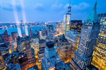 Картинка new york city города нью йорк сша ночной город панорама здания небоскрёбы лучи река