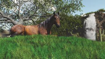 Картинка 3д графика animals животные лошадь водопад
