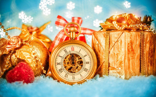 Обои картинки фото праздничные, - разное , новый год, снежинки, снег, украшения, подарок, часы