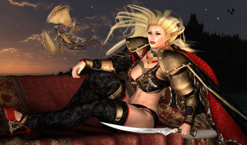Картинка 3д+графика фантазия+ fantasy девушка взгляд фон оружие дракон