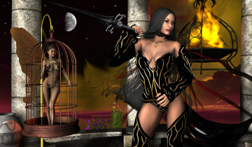 Картинка 3д+графика фантазия+ fantasy девушки взгляд фон луна клетка оружие огонь