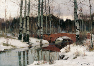 Картинка рисованное живопись снег оттепель в гатчине лес берёзы небо вода деревья берггольц мост пейзаж