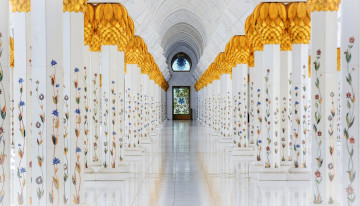 обоя большая мечеть шейха зайда,  абу даби,  оаэ, интерьер, убранство,  роспись храма, колонны, зал, цветы, роспись, золото, дверь