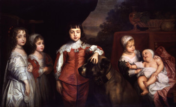обоя five children of king charles i, рисованное, antoine van dyck, дети, собака