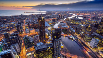 обоя города, мельбурн , австралия, вечер, огни, панорама