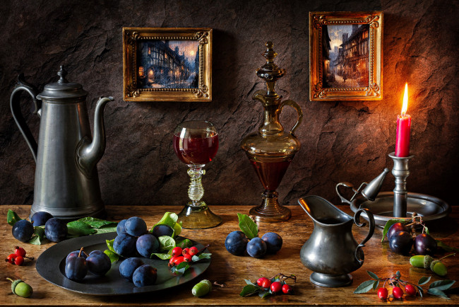 Обои картинки фото еда, натюрморт, сливы, шиповник, кофейник, бокал, вино, свеча