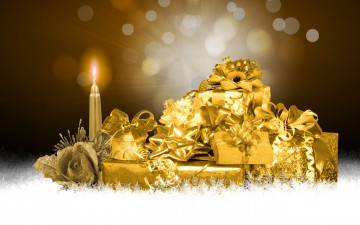 обоя праздничные, подарки, коробочки, свеча, золото