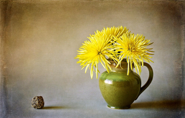 Обои картинки фото цветы, хризантемы, желтый, ваза, букет