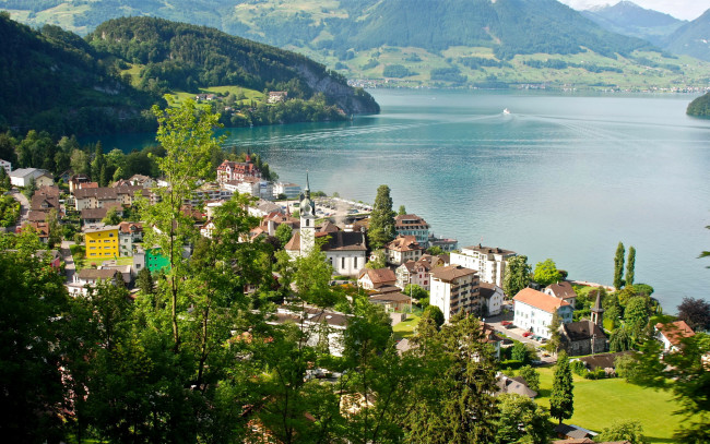 Обои картинки фото швейцария, люцерн, вицнау, города, пейзажи, озеро, дома