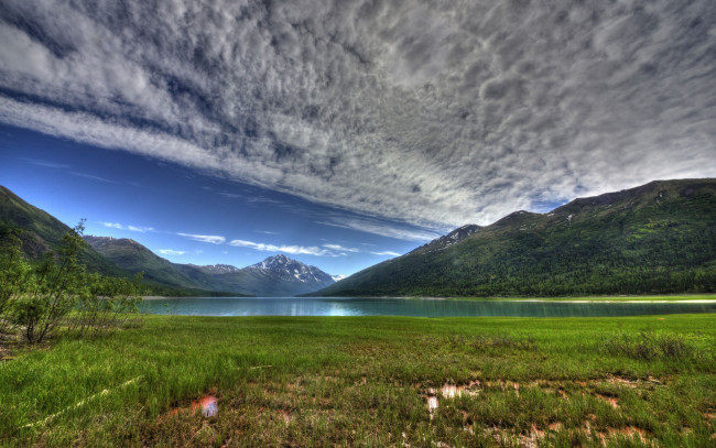 Обои картинки фото eklutna, lake, alaska, природа, реки, озера, озеро, эклутна, аляска, горы, облака