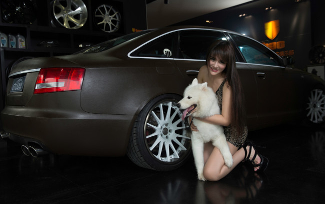 Обои картинки фото автомобили, -авто с девушками, улыбка, автомобиль, собака, взгляд, девушка
