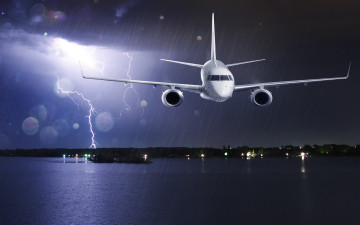 Картинка авиация 3д рисованые v-graphic дождь молнии гроза авиалайнер самолет пассажирский ночь полет огни побережье море тучи блики