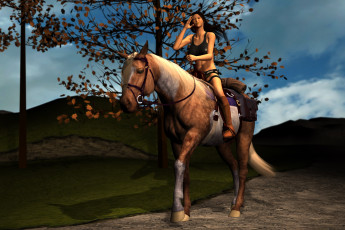 Картинка 3д+графика люди+и+животные+ people+and+animals девушка взгляд фон лошадь