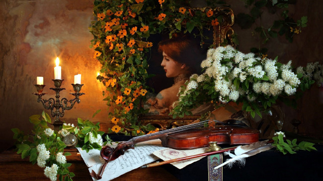 Обои картинки фото музыка, -музыкальные инструменты, ноты, портрет, свечи, скрипка