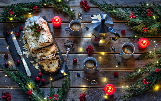 Обои картинки фото праздничные, угощения, пирог, кофе, свечи