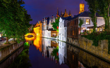 Картинка города брюгге+ бельгия канал мост вечер огни