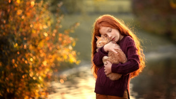 Картинка разное дети девочка рыжая кот