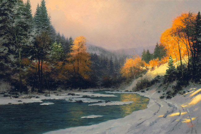 Обои картинки фото autumn snow, рисованное, thomas kinkade, лес, горы, снег, река