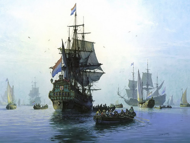 Обои картинки фото john, michael, groves, dutch, east, indiamen, making, sail, корабли, рисованные