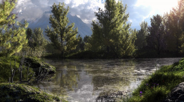 Картинка 3д графика nature landscape природа klontak деревья лес озеро болото горы пруд