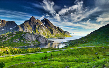 обоя природа, побережье, фьорд, море, скалы, дорога, зелень