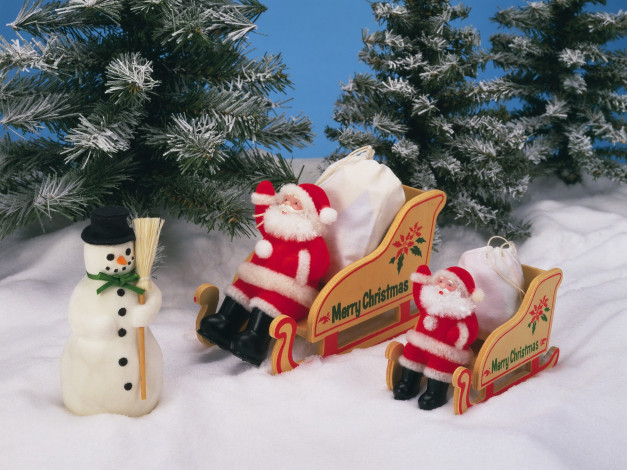 Обои картинки фото праздничные, дед, мороз, снеговик, снег, елки