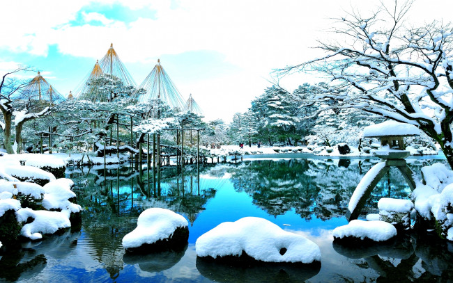 Обои картинки фото snow, covered, park, природа, зима, деревья, сугробы, водоем, парк, снег