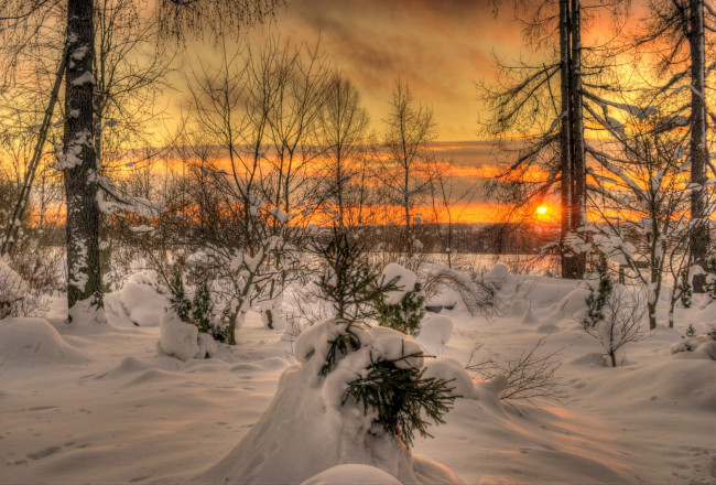 Обои картинки фото природа, зима, снег, закат