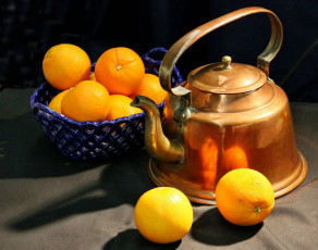обоя еда, цитрусы, чайник, апельсины