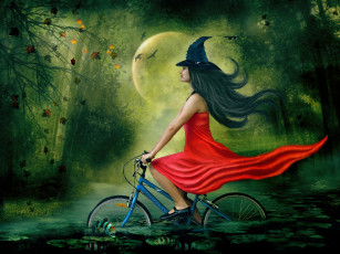 Картинка фэнтези девушки шляпа велосипед