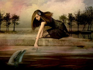 Картинка фэнтези девушки вода дельфин