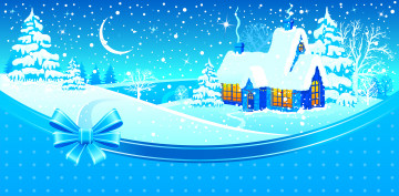обоя праздничные, векторная графика , новый год, ели, дом, луна, снег, бантик
