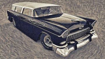 обоя автомобили, рисованные, 1955, chevrolet, bel, air, nomad, custom
