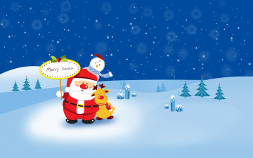 Картинка праздничные векторная+графика+ новый+год снеговик олень пингвин снег ели