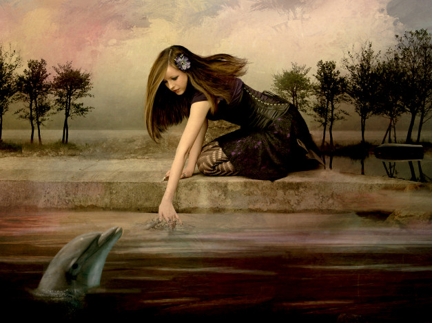 Обои картинки фото фэнтези, девушки, вода, дельфин