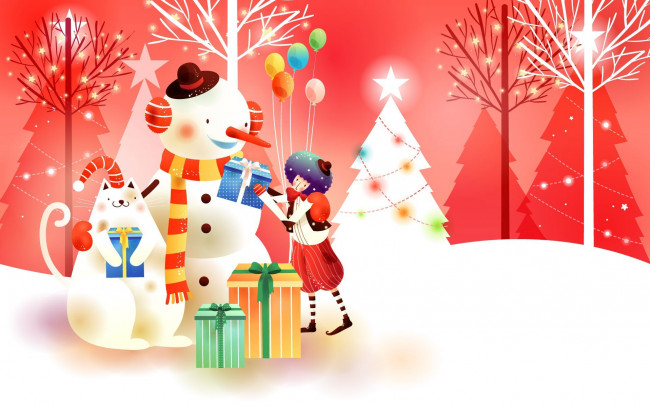 Обои картинки фото праздничные, векторная графика , новый год, деревья, подарки, девушка, снеговик