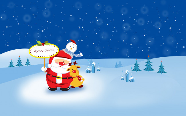Обои картинки фото праздничные, векторная графика , новый год, снеговик, олень, пингвин, снег, ели