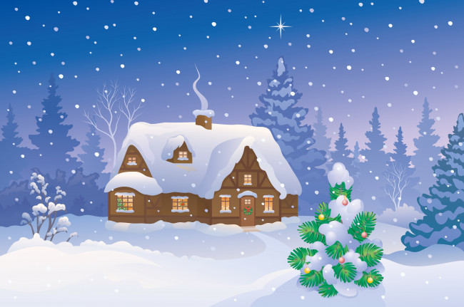 Обои картинки фото праздничные, векторная графика , новый год, елка, дом, снег