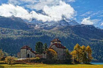 Картинка города замки+швейцарии замок осень швейцария озеро горы санкт-мориц