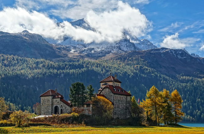 Обои картинки фото города, замки швейцарии, замок, осень, швейцария, озеро, горы, санкт-мориц
