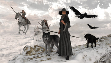 Картинка 3д+графика люди+и+животные+ people+and+animals собака взгляд фон девушки лошади