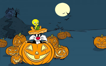 Картинка мультфильмы looney+tunes хэллоуин тыквы твитти кот сельвестр